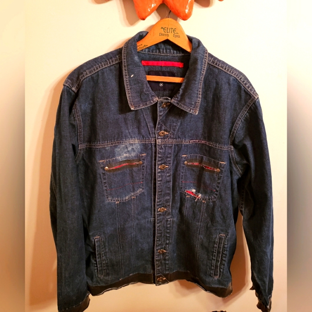 Nautica Jeans Company Distressed Button Front  Denim Jacket with Red Accents